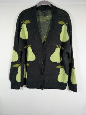 Oversized Black Cardigan Green Pear All Over Print Motif academia professor